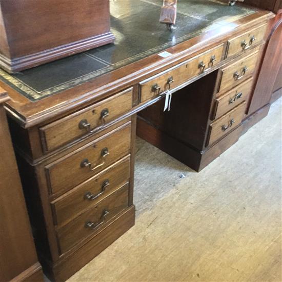 Mahogany leather pedestal desk with green leather skiver(-)